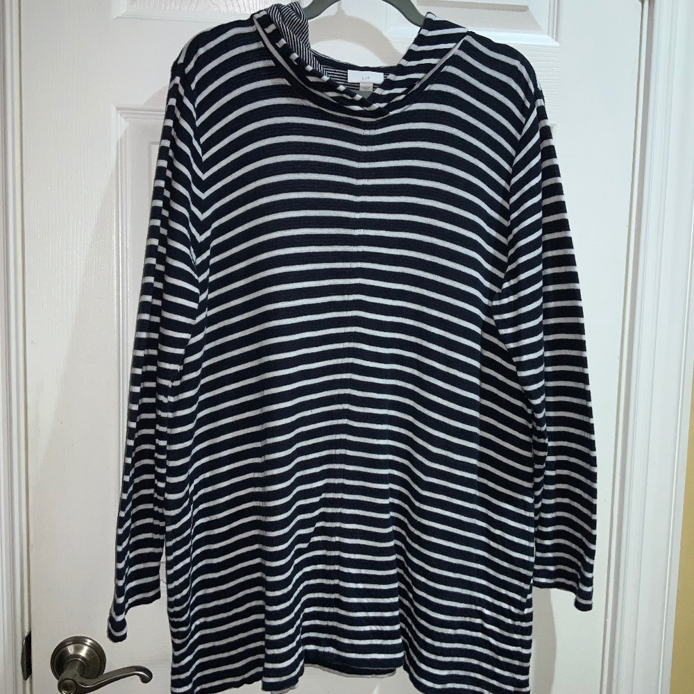 J. Jill hooded striped sweatshirt tunic Sz L long sleeve pockets cotton